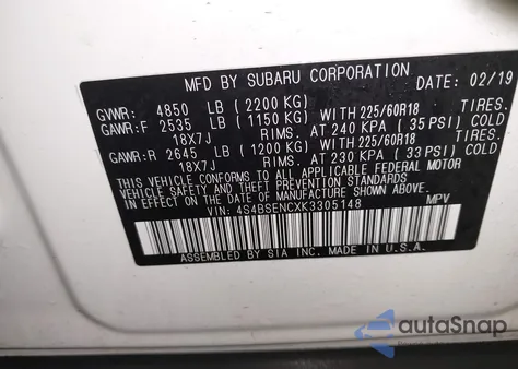 2019 Subaru Outback 3.6R Limited from USA, damaged, VIN 4S4BSENCXK3305148